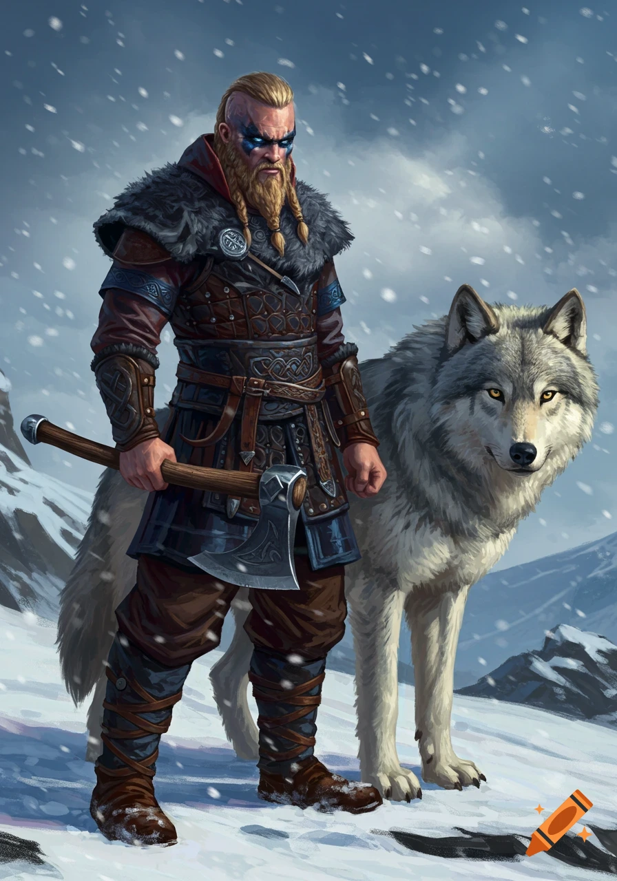 A Viking warrior and a wolf stand together in the snow.