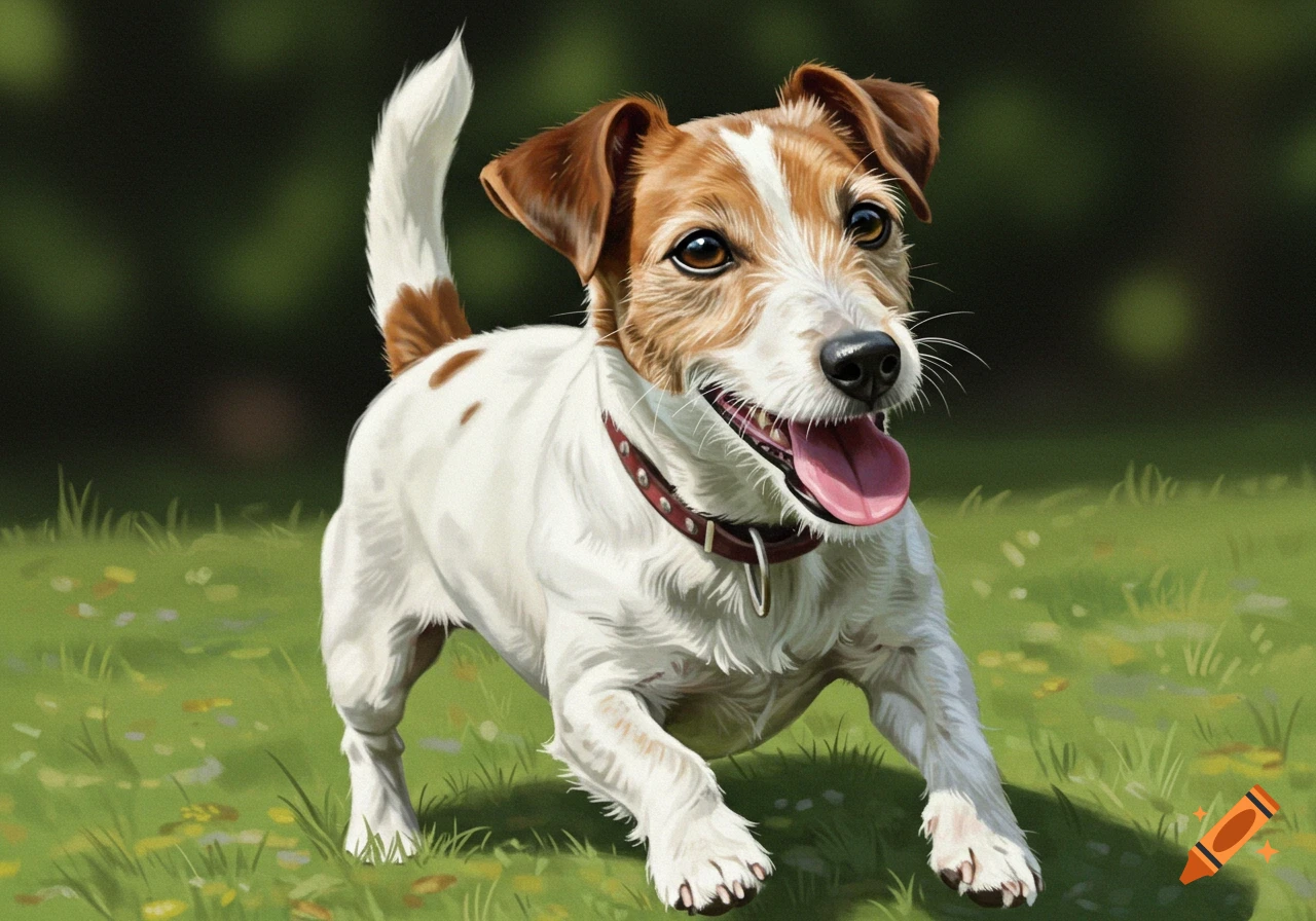 A Jack Russell dog running in a grassy field.