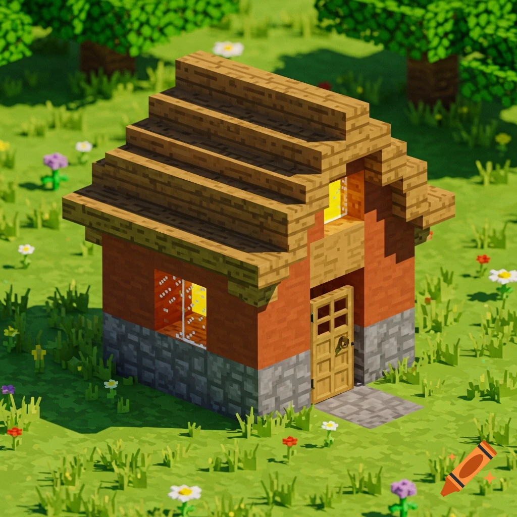 A simple house built from blocks in a grassy field.