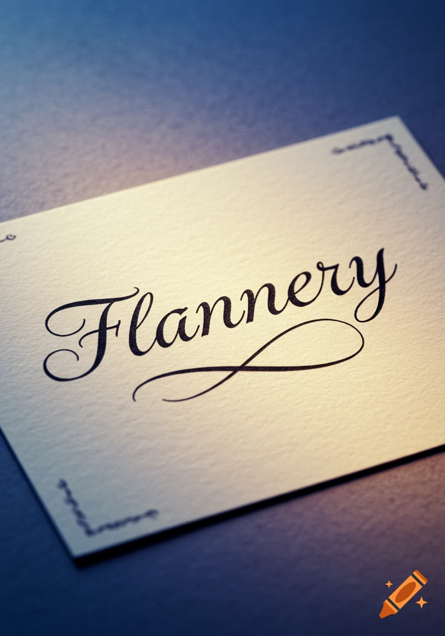Calligraphic script reads "Flannery" on textured paper
