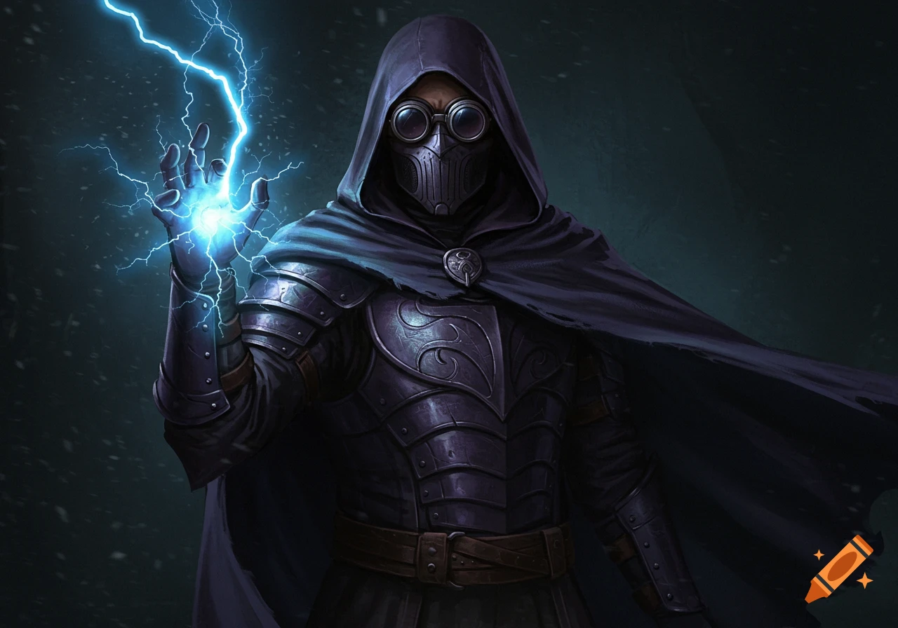 a man in dark armor, mask, and goggles casting lightning