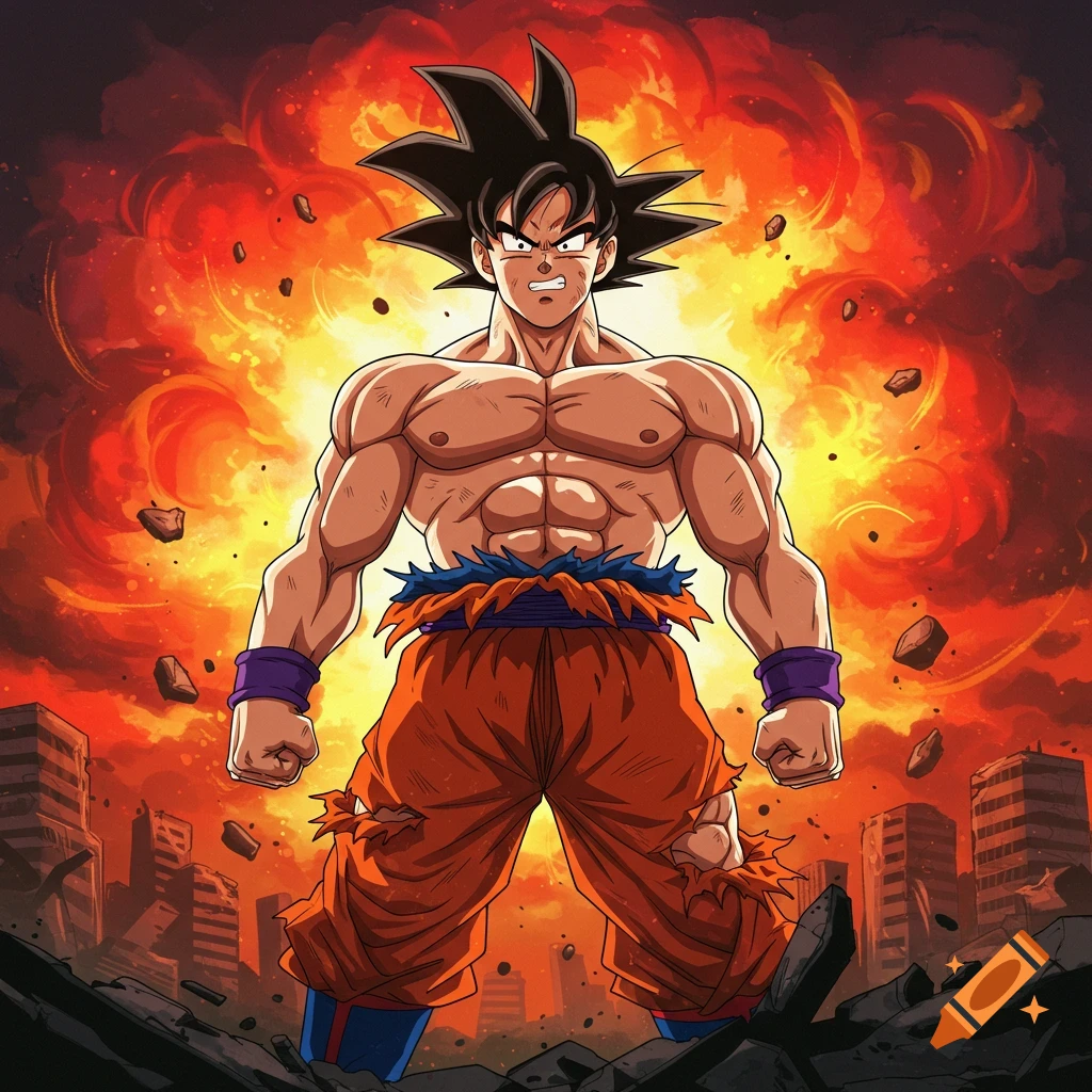 Goku standing shirtless amidst rubble and explosions