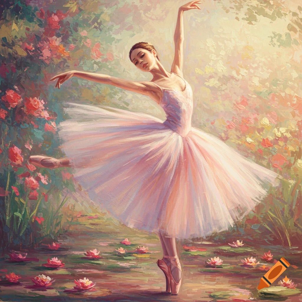 Impressionist painting of a ballerina dancing en pointe in a garden with water lilies.