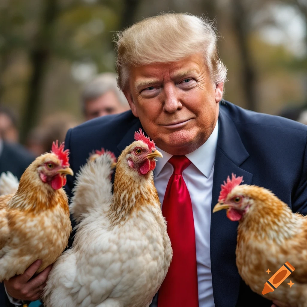 Man resembling Trump holding three chickens