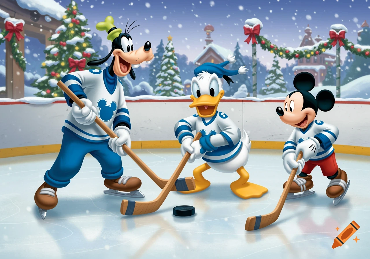Mickey Mouse, Donald Duck, and Goofy play ice hockey in a festive winter cartoon scene.