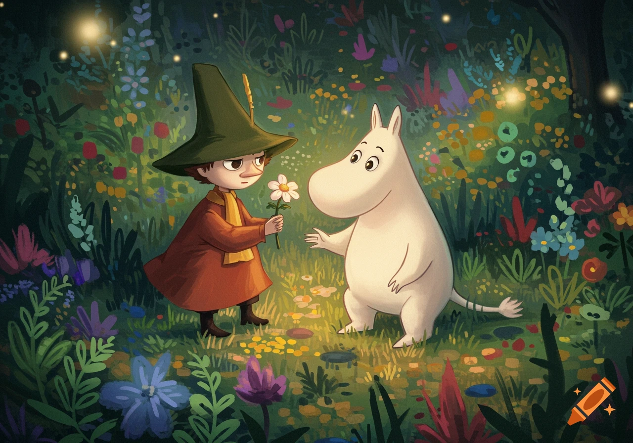 An illustration of a Moomin character offering a flower to another Moomin in a vibrant, whimsical forest.