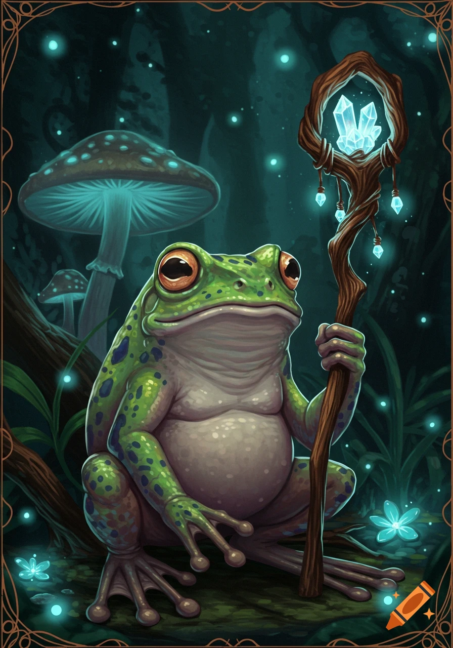 A mystical frog holding a crystal staff in a glowing forest with mushrooms.