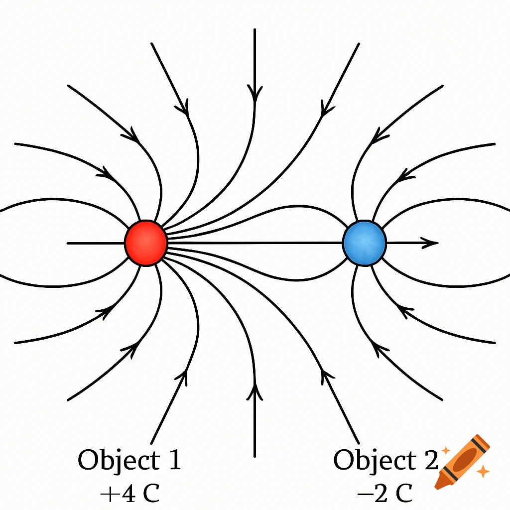 Diagram of electric field lines between a red positive charge (+4 C) and a blue negative charge (-2 C).