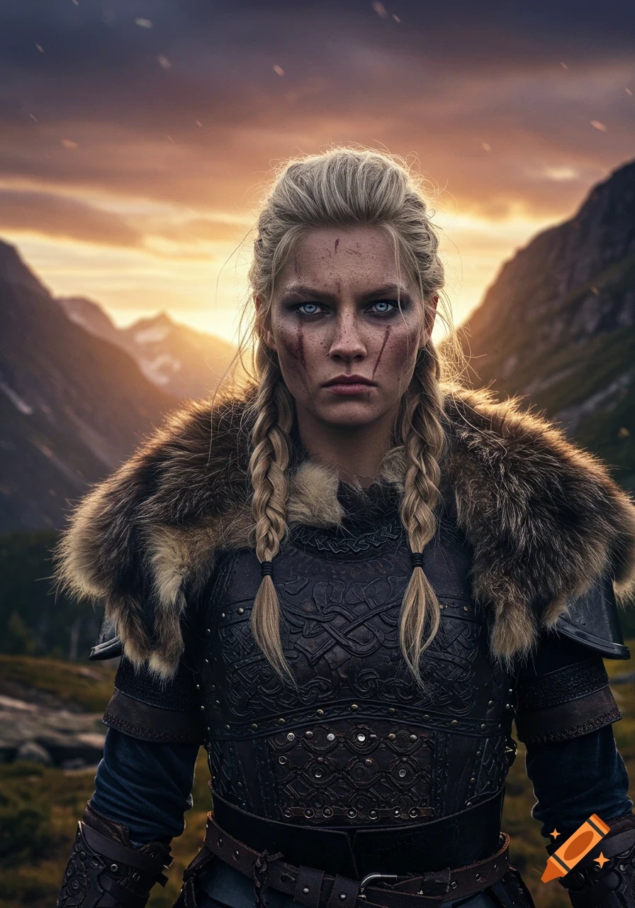 A realistic portrait of a fierce woman in Viking armor with braided hair, standing in front of mountains at sunset.