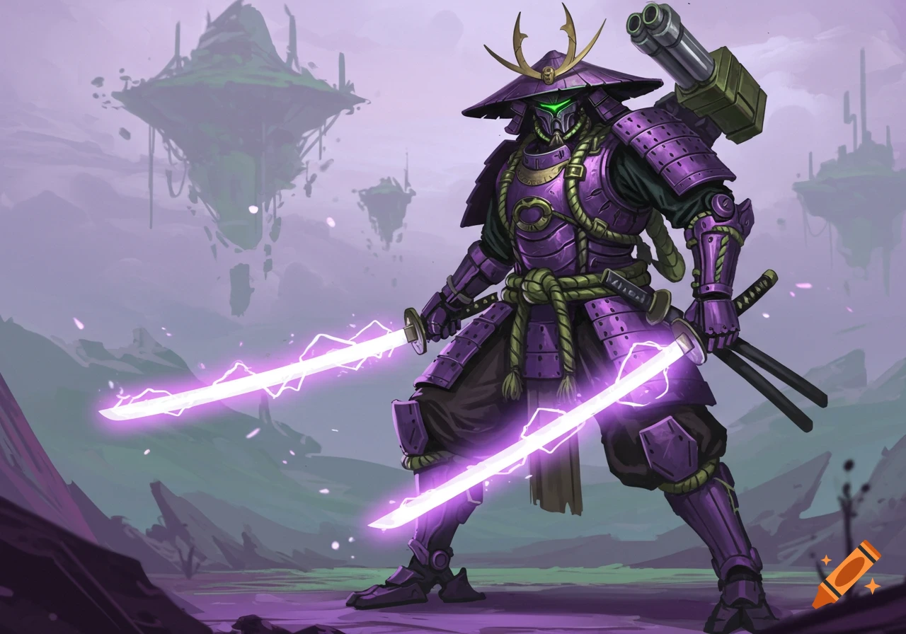 A purple and green samurai mech wielding glowing energy swords in a sci-fi landscape with floating islands.
