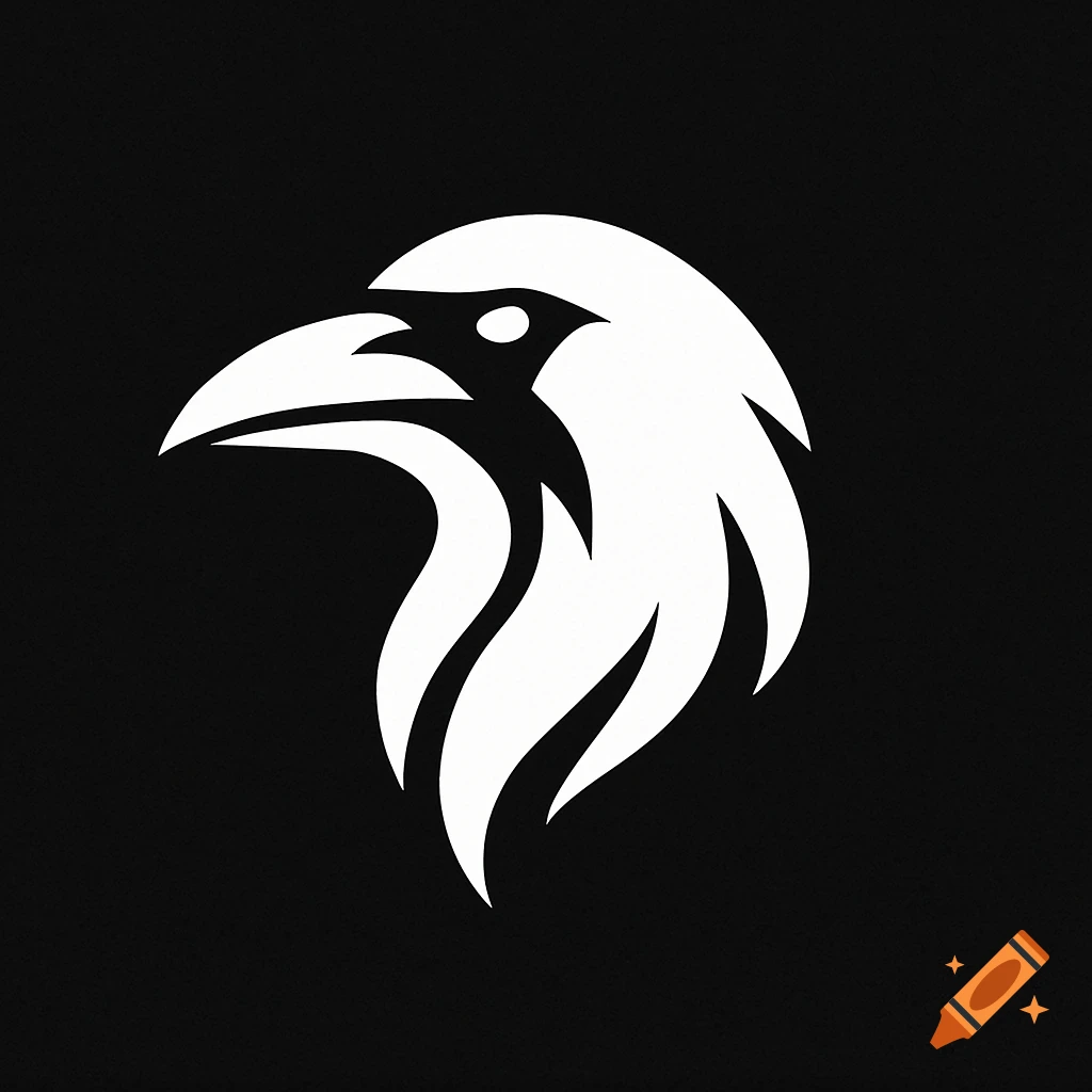 White abstract raven head logo on black background