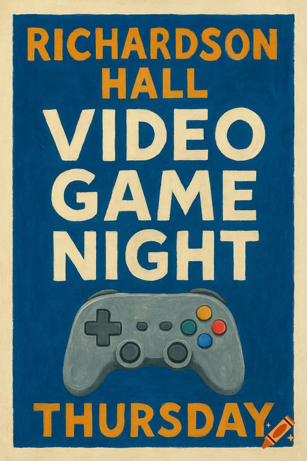 A blue and orange poster for a video game night with a gray controller.