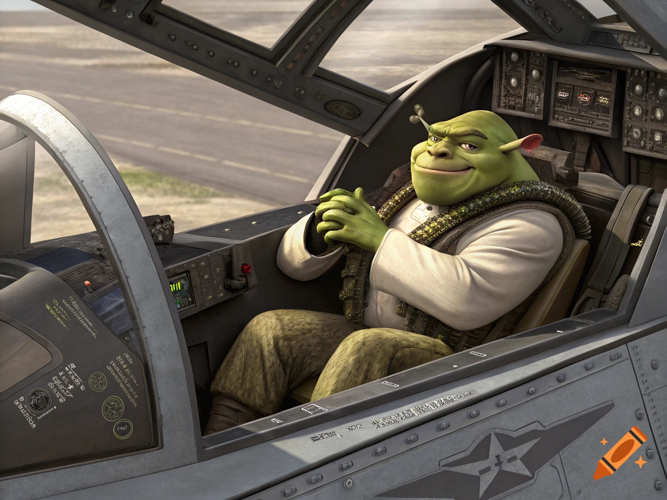 Shrek sits in the cockpit of an F-22 fighter jet, holding the controls.