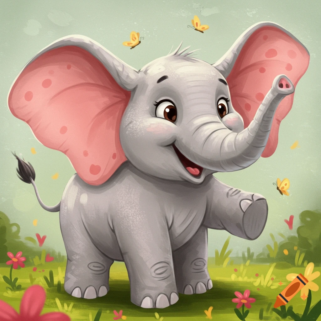 A cute cartoon elephant with big pink ears stands in a field with butterflies and flowers.