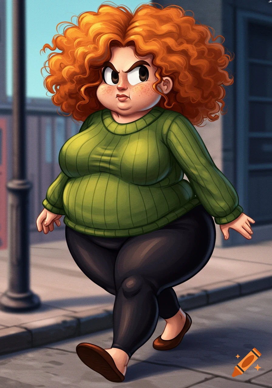 Cartoon woman with red curly hair, green sweater, and black leggings walking on a street.