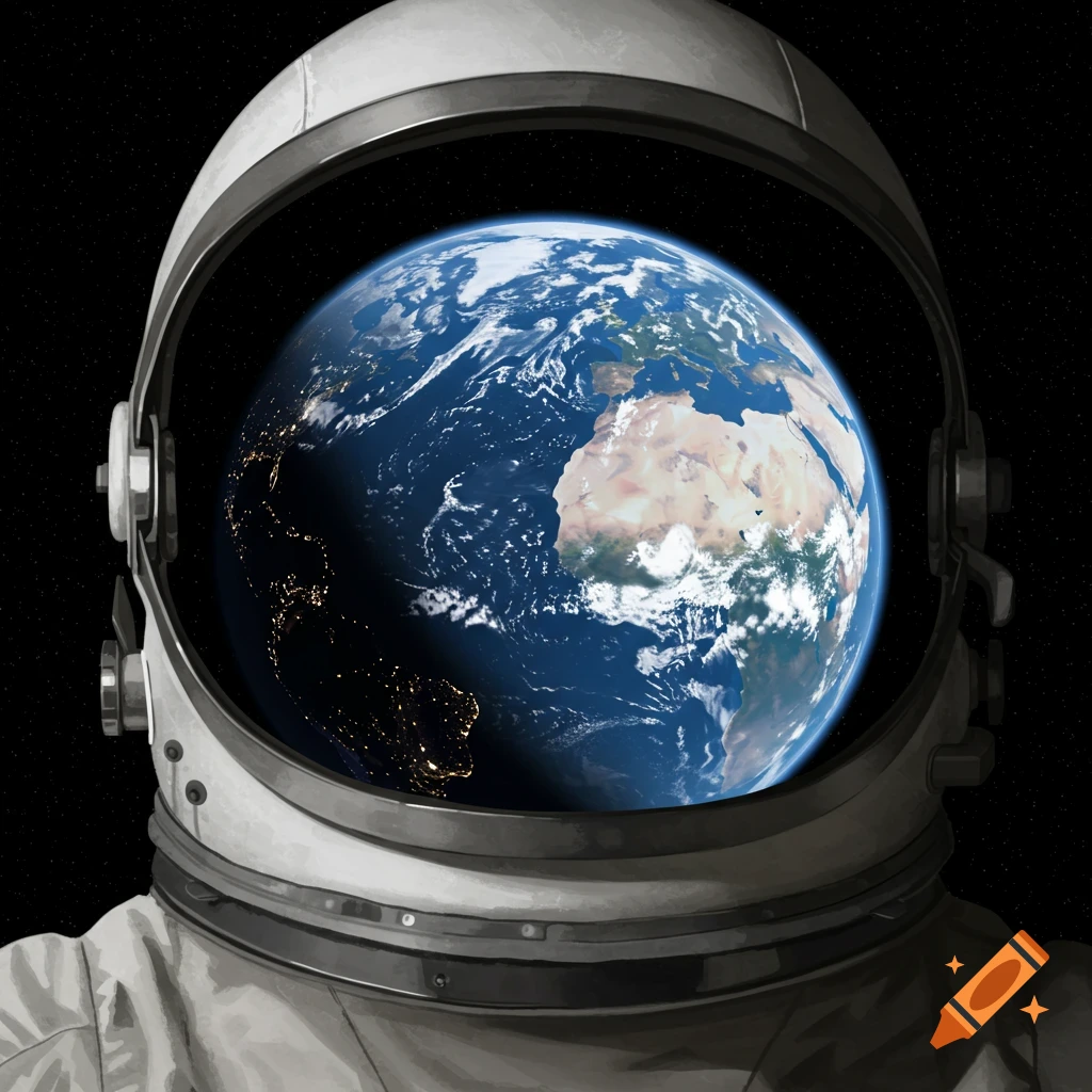 Earth viewed through an astronaut's helmet visor.