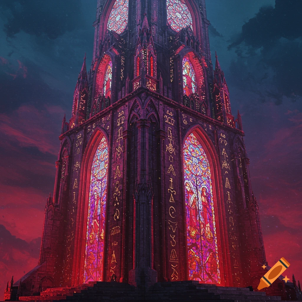 Gothic tower with glowing stained glass windows and cyber sigilism symbols against a twilight sky