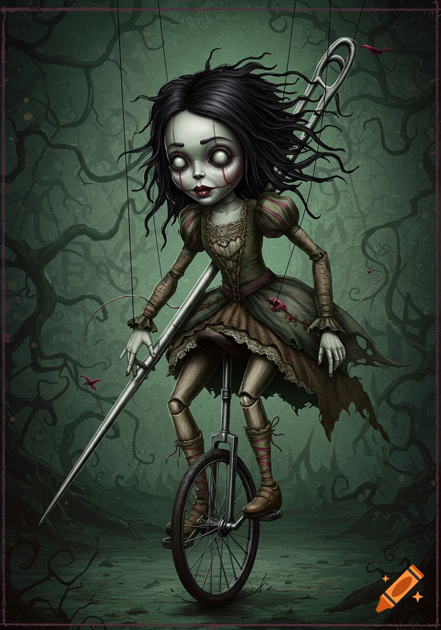 Creepy marionette doll riding a unicycle and holding a large