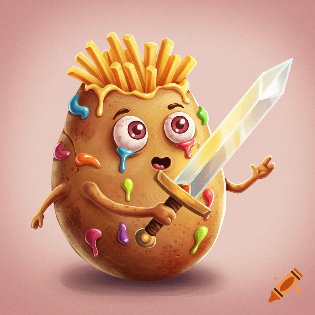 Cartoon potato character crying, with french fry hair and colored drips, holding a sword.