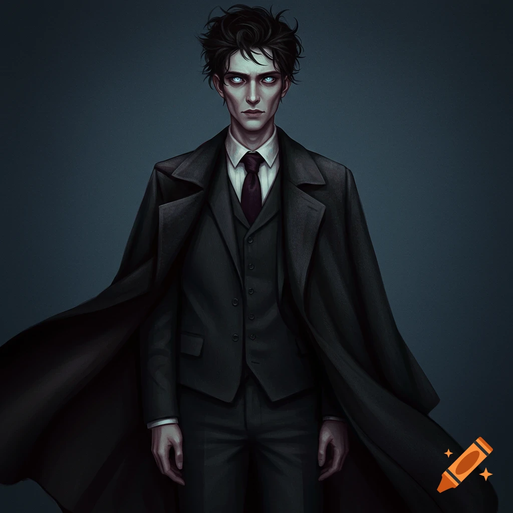 A man in a dark suit and cloak with glowing blue eyes