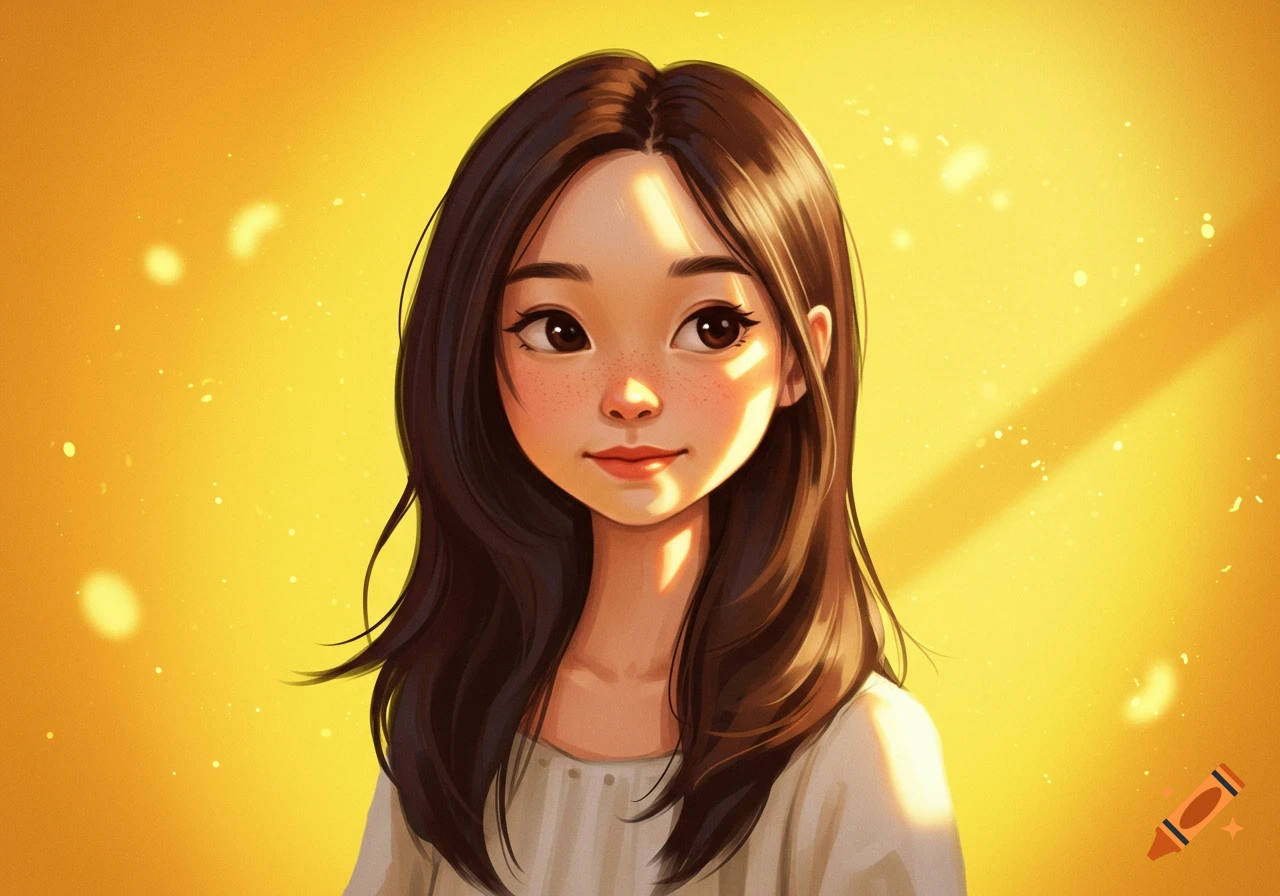 An Asian girl with dark hair and freckles on a yellow background
