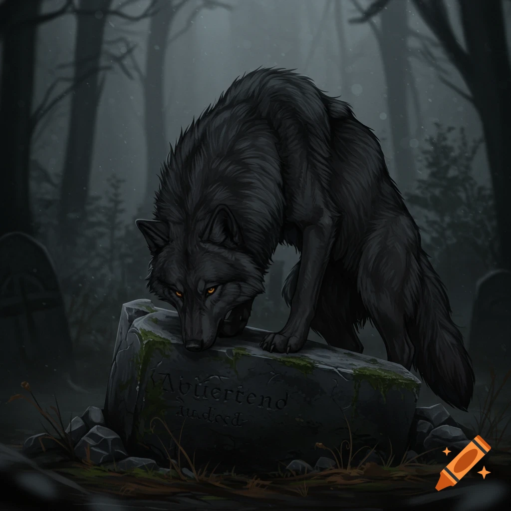 A black wolf with glowing eyes kneels on a mossy gravestone in a foggy, dark graveyard.