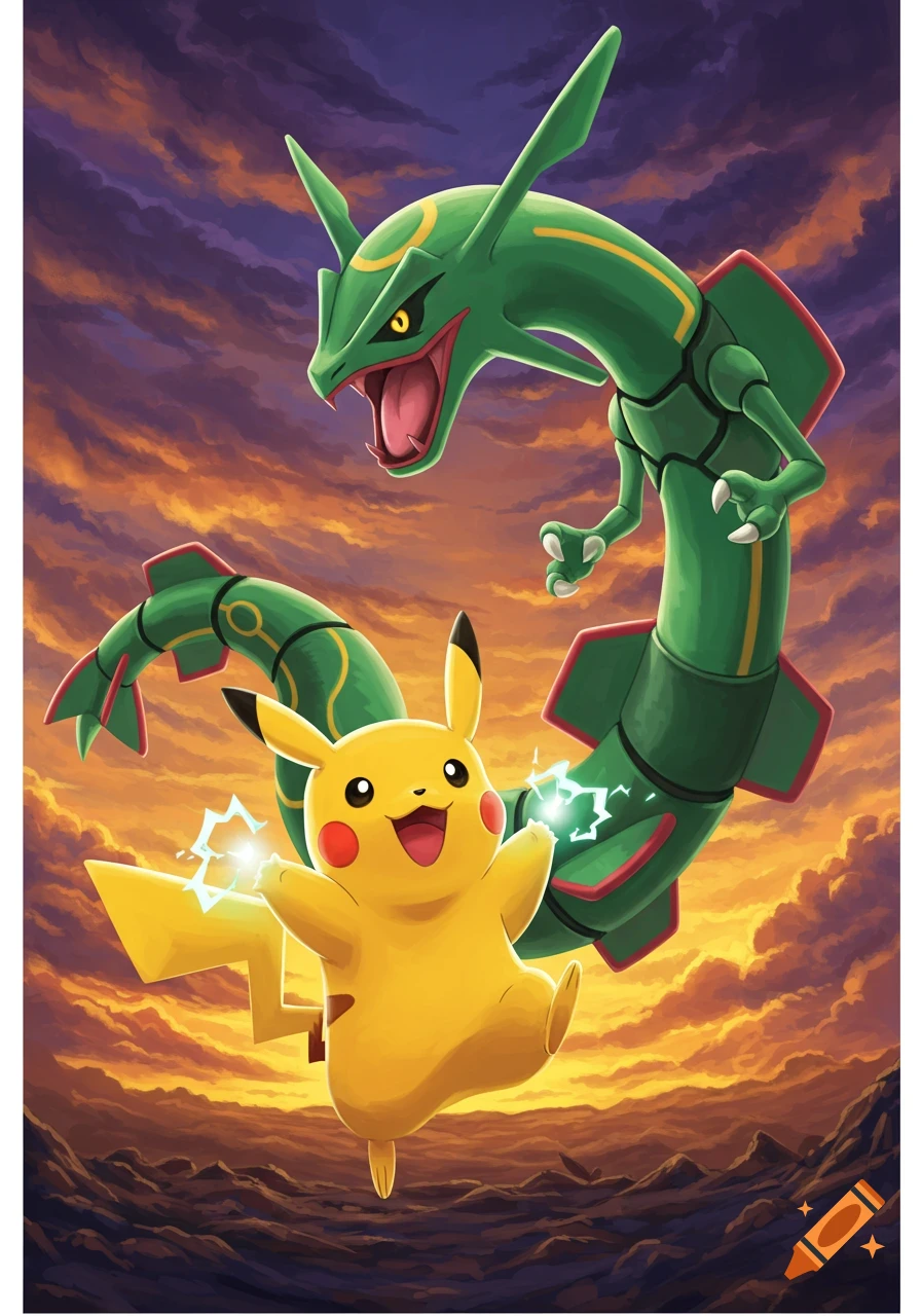 Pikachu and Rayquaza flying against a vibrant sunset sky in an anime style.