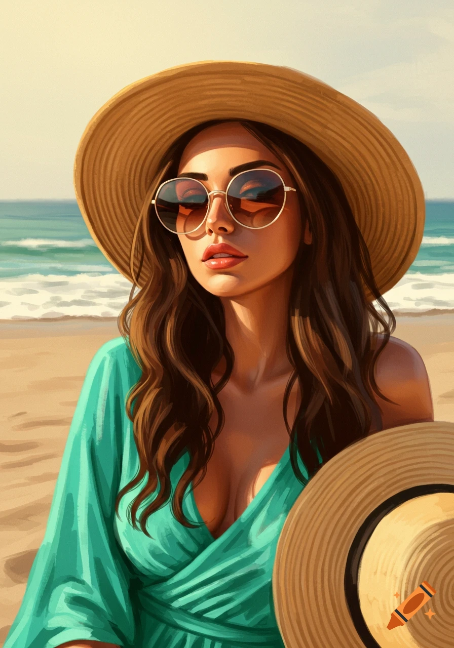 A brunette woman wearing a large hat and sunglasses on a beach.