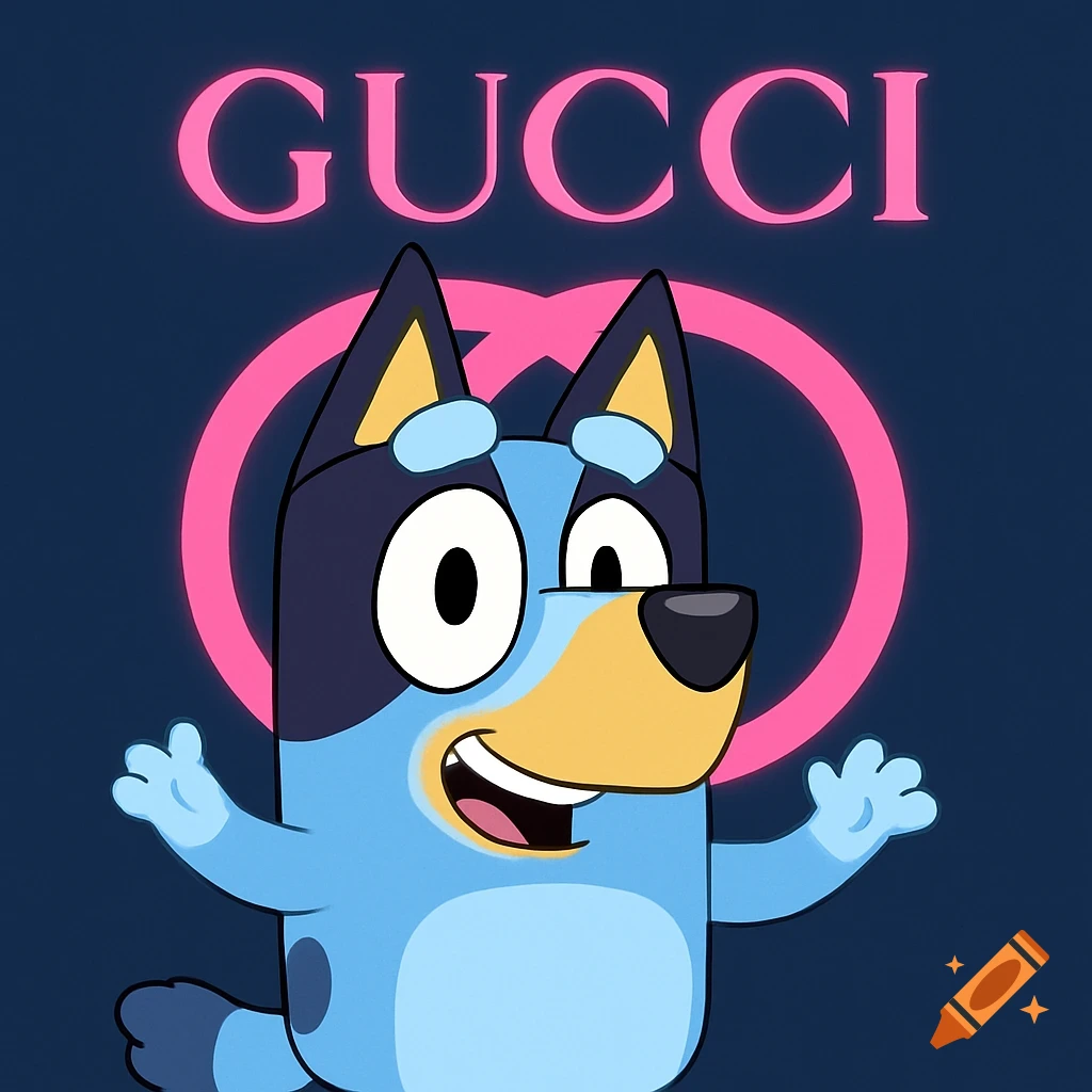 Bluey character with pink Gucci logo behind her