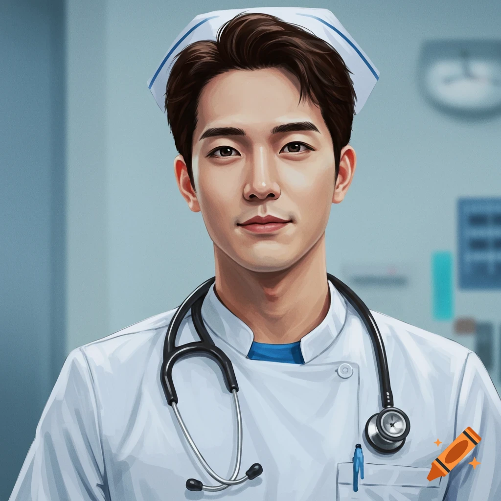 A male nurse is depicted wearing a uniform and stethoscope