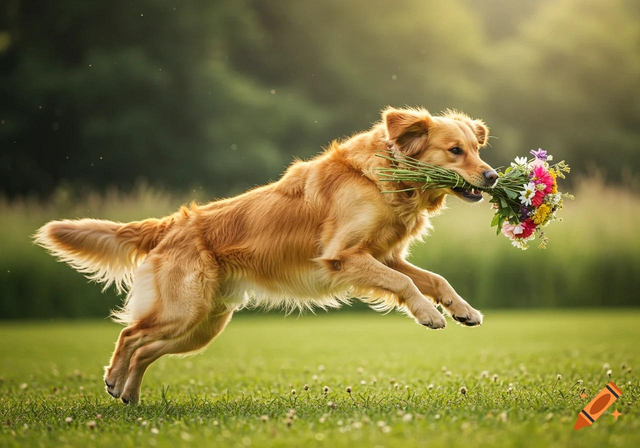 A golden retriever jumps through a grassy field holding a bouquet of colorful flowers in its mouth.