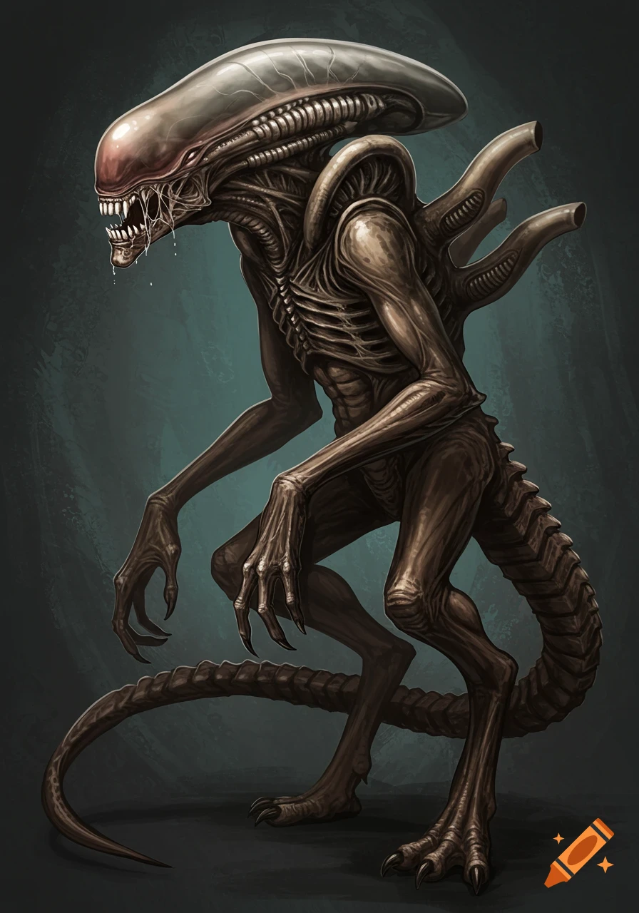 An image of a brown alien creature with a long head, sharp teeth, claws, and tail.