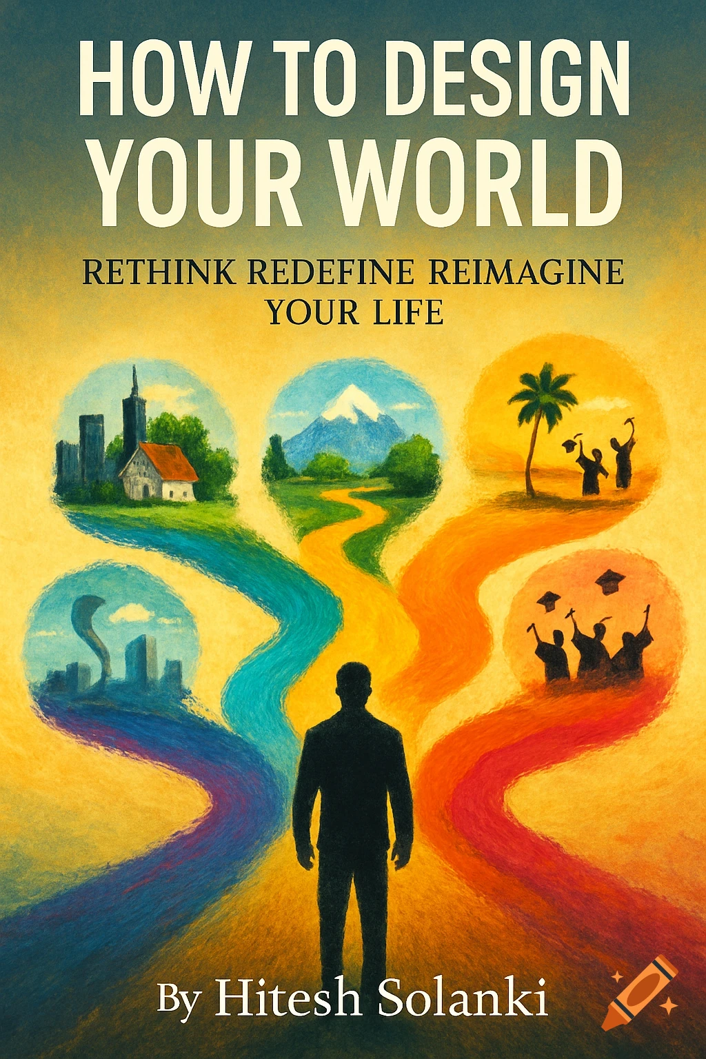 Illustration of a silhouette person at crossroads with paths leading to circular scenes: city, nature, beach, graduation. Book cover title 'HOW TO DESIGN YOUR WORLD'.
