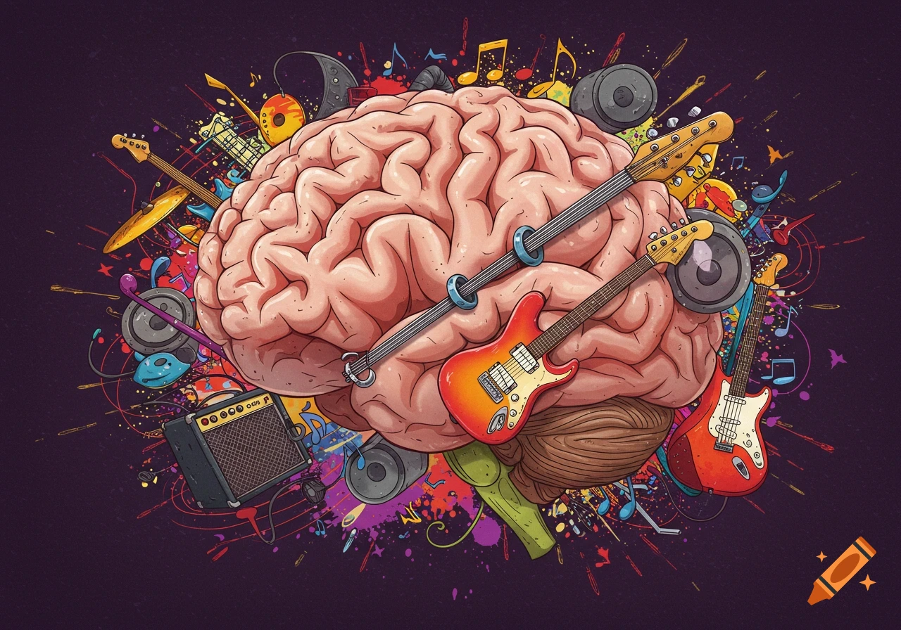 Illustration of a brain surrounded by musical instruments, notes, and colorful splashes.