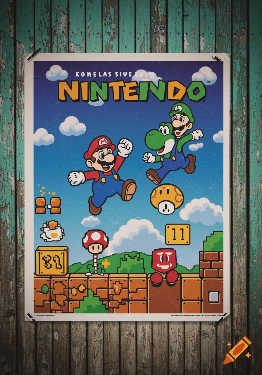 Retro style Super Mario poster featuring Mario, Luigi, and Yoshi jumping with game elements.