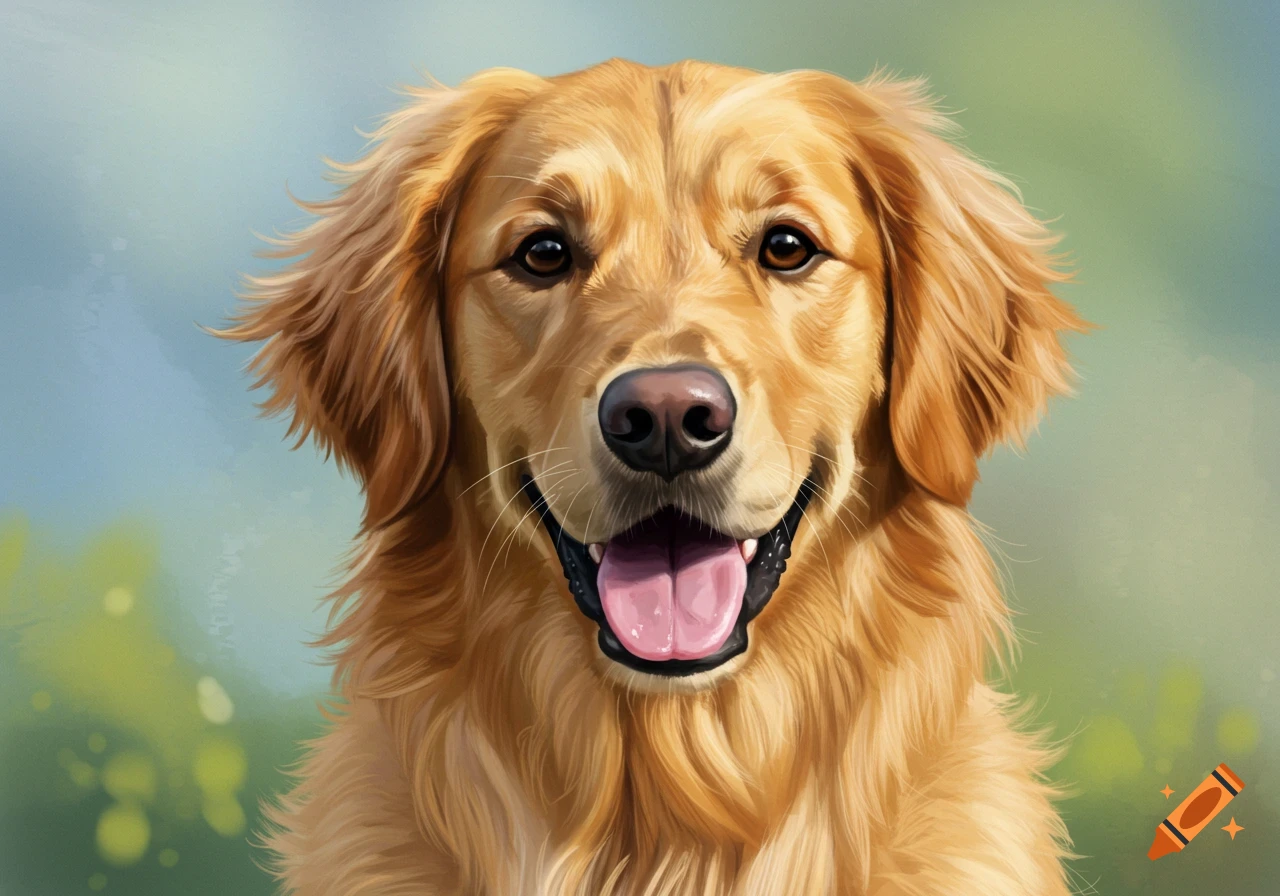 Close-up of a golden retriever dog smiling with tongue out.