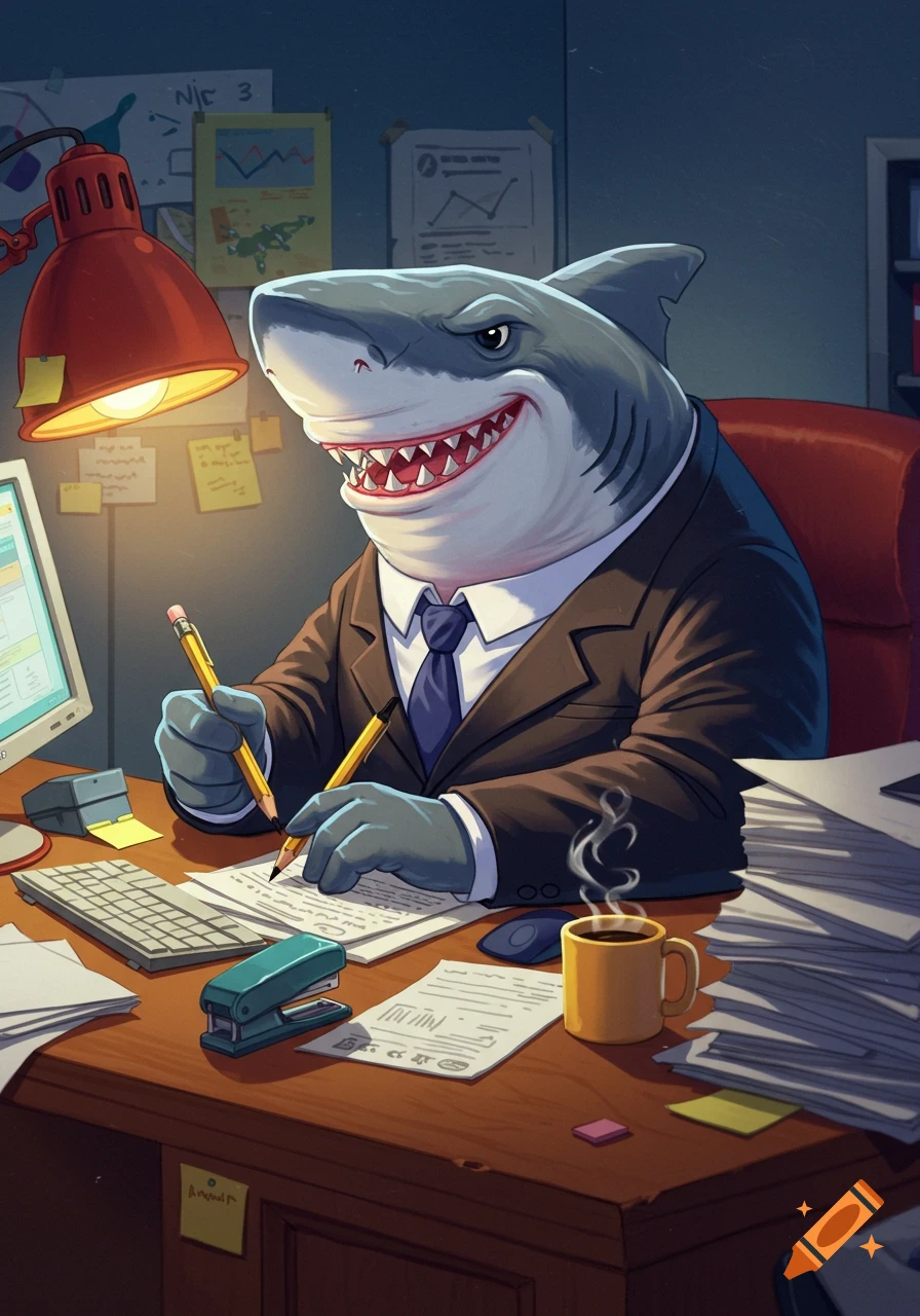 A cartoon shark in a suit is working at a desk with papers and a computer.