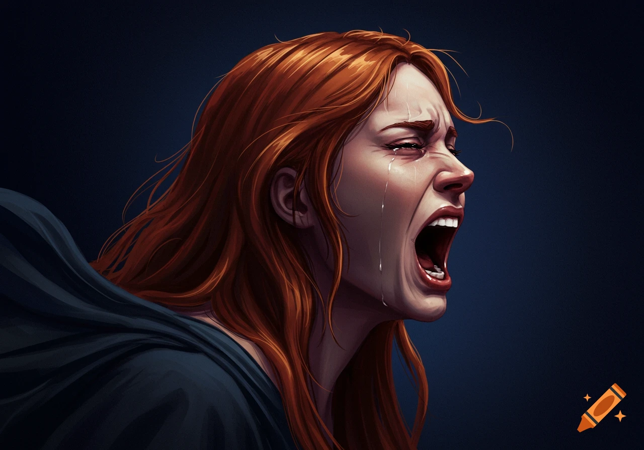 Painting of a red-haired woman screaming and crying in profile.