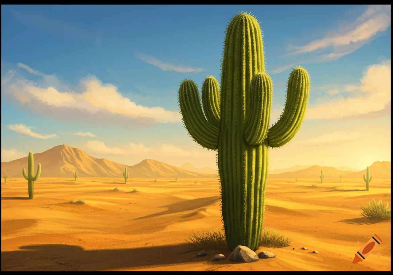 A large saguaro cactus stands in a desert landscape with mountains in the background.