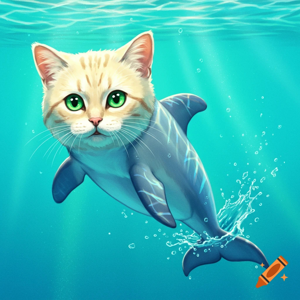 A creature that is half cat, half dolphin, swimming underwater.