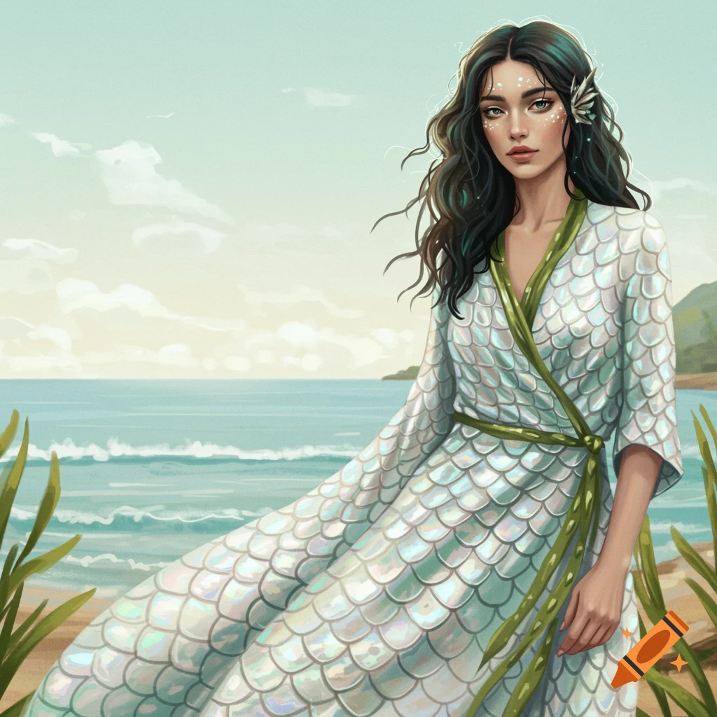 A woman in a pearlescent fish scale dress on a beach.