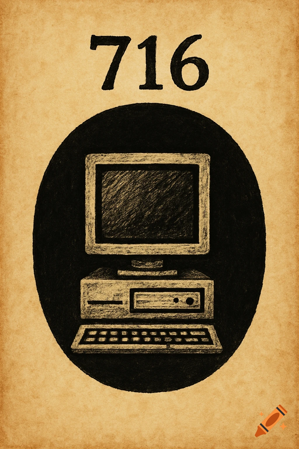 A sketch of a computer in a black oval with the number 716 above it, on a textured paper background.