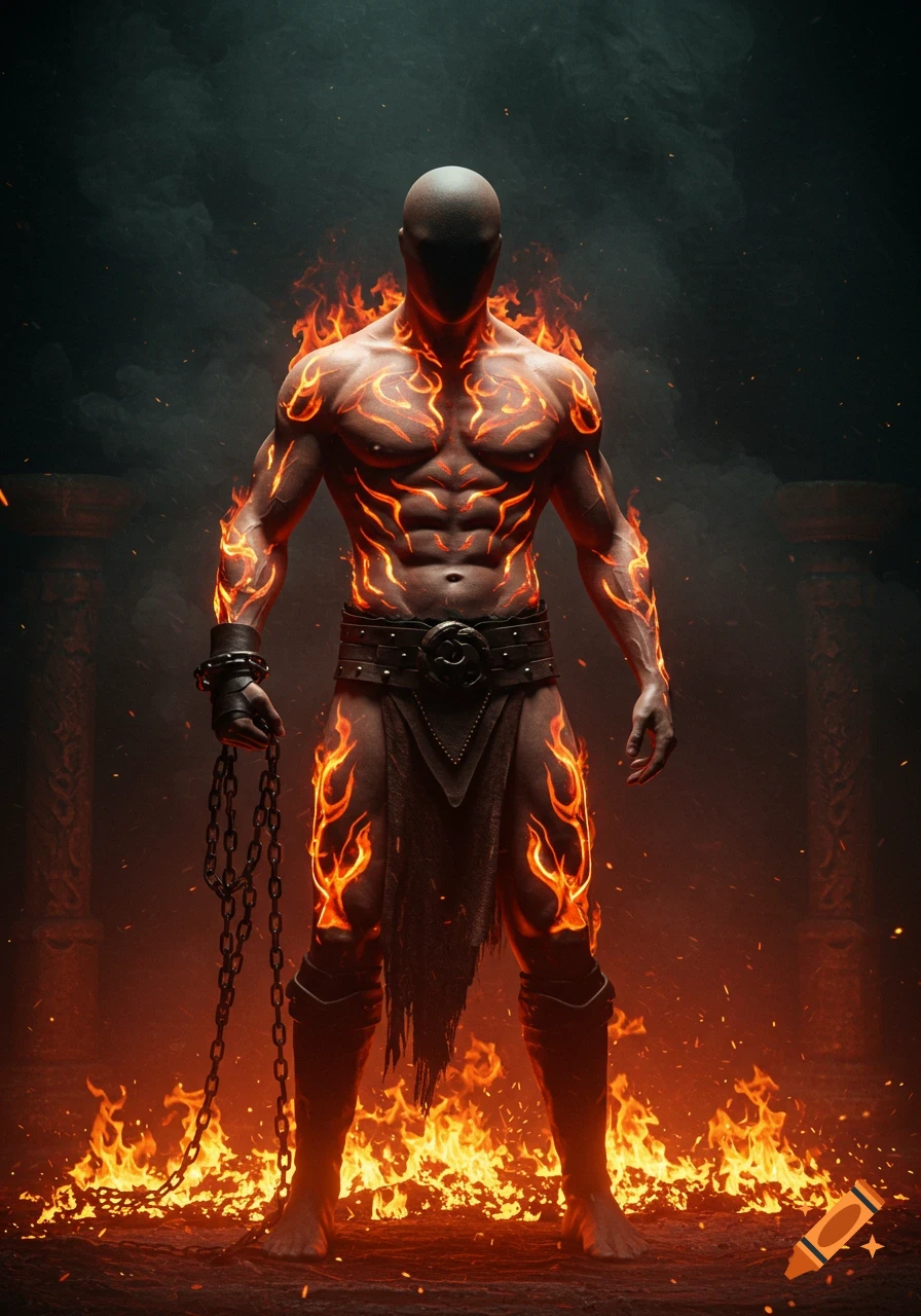 A muscular, headless figure with fiery patterns on their body stands in a dark, smoky chamber holding a chain.