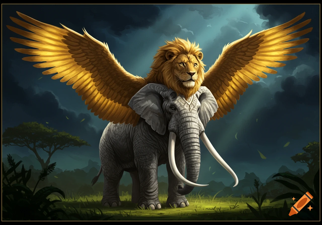 An elephant with a lion's head and golden eagle wings stands in a landscape.
