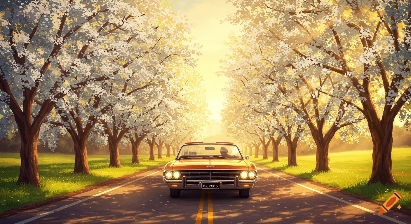 An orange convertible drives down a road lined with white flowering trees at sunset.