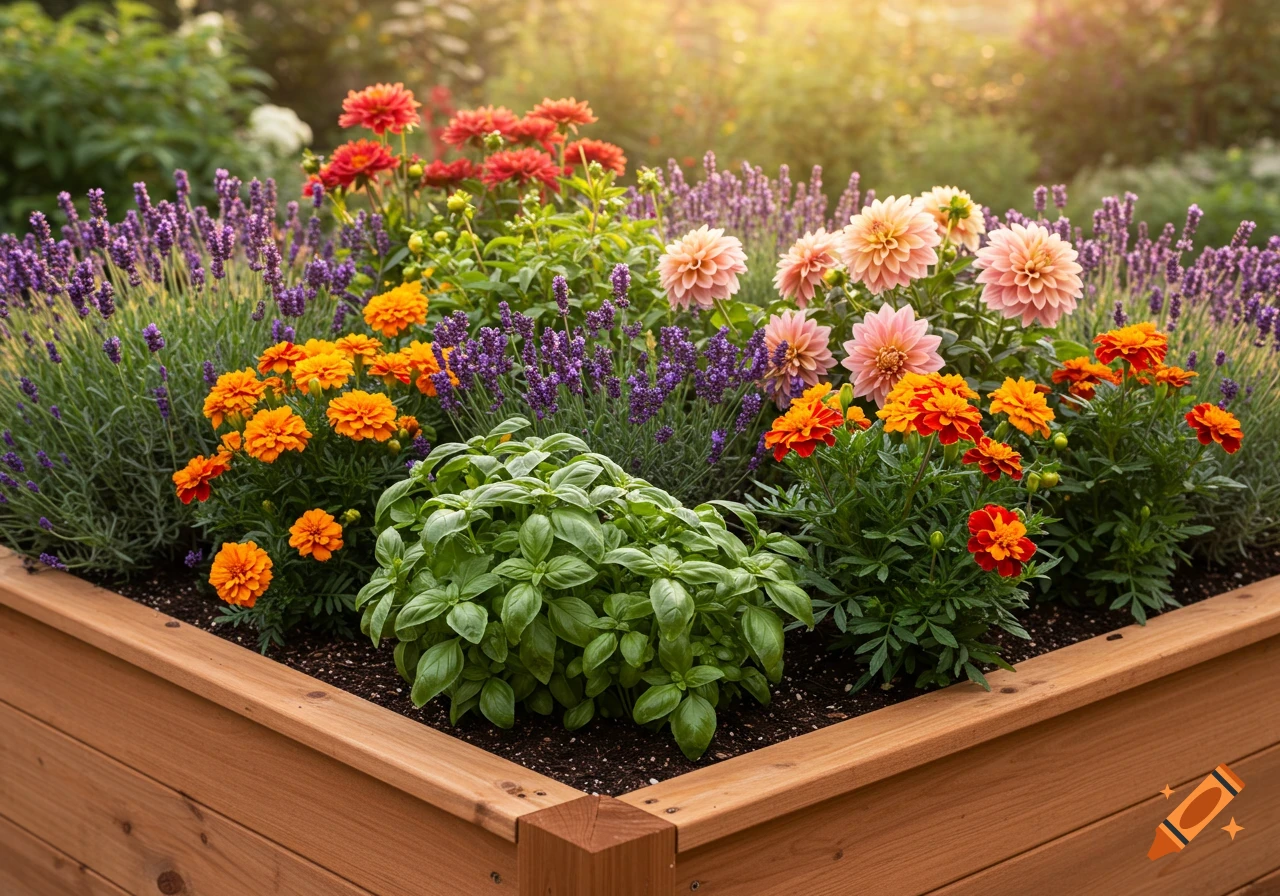 A photorealistic image of a raised garden bed filled with lavender, marigolds, dahlias, and basil under warm sunlight.