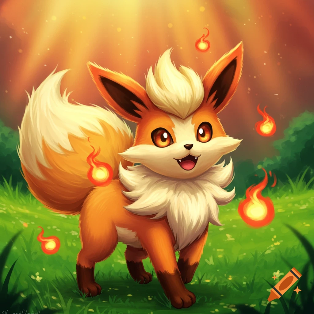 A cute fox-like fire Pok
R
mon in a sunny field with floating flames.