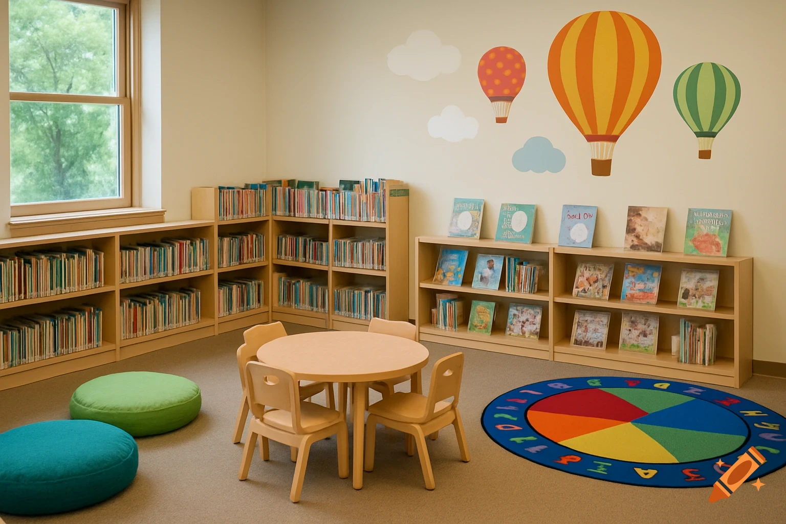 A children's library with bookshelves, small table and chairs, colorful rug, pillows, and hot air balloon wall art.