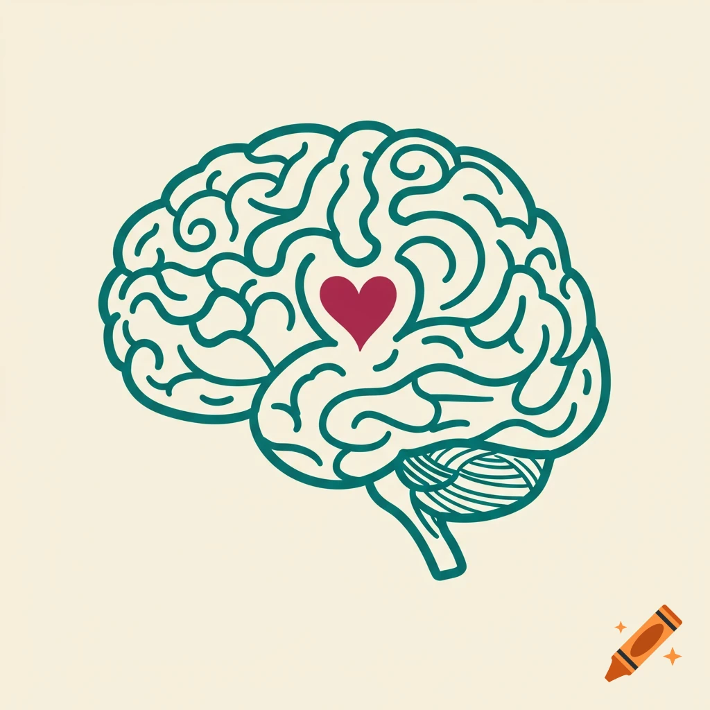 Illustration of a brain outline with a red heart in the middle.