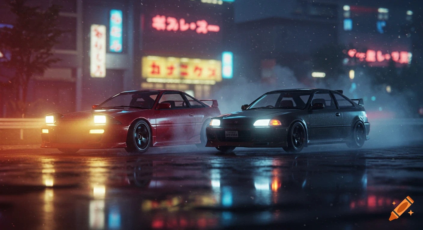 Two cars race on a wet city street at night with neon signs, lofi style.